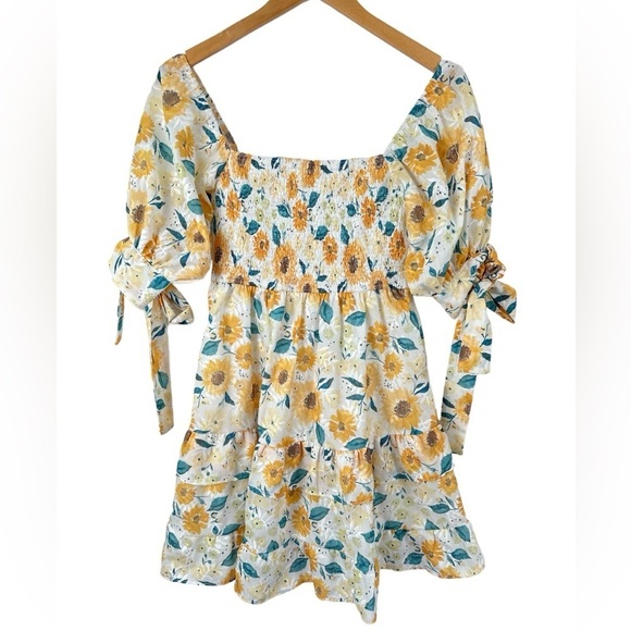 Moodie Sunflower Eyelet Smocked Tie Sleeve Square Neck Mini Dress - Picture 1 of 10